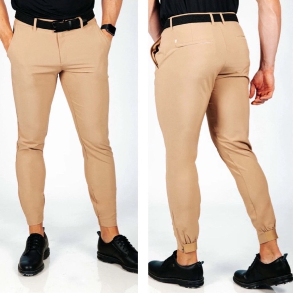 Primo Men Size 33 SHORT Khaki Stretch Ankle Zip Tapered Golf Jogger Pants